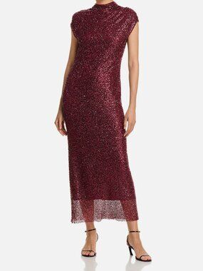 Simkhai Women's Red Zaria Extended Shoulder Sequin Cowlneck Gown Dress Size 0